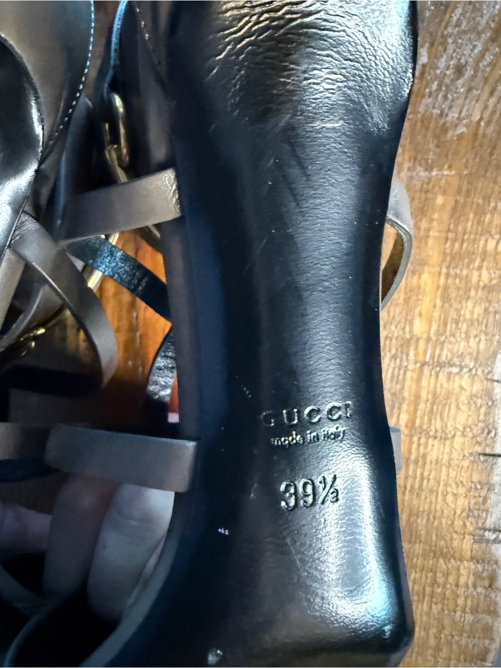 Women’s Gucci Strappy Pointed Toe Heels in Taupe with Gold Accent - Picture 5 of 6